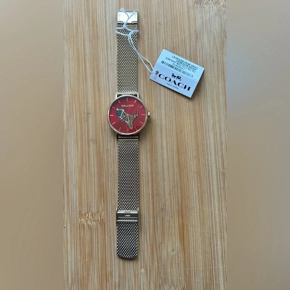 Coach Perry Watch With 36mm BurgundyRed Face With dinosaur & Golden MeshBracelet - Picture 5 of 6